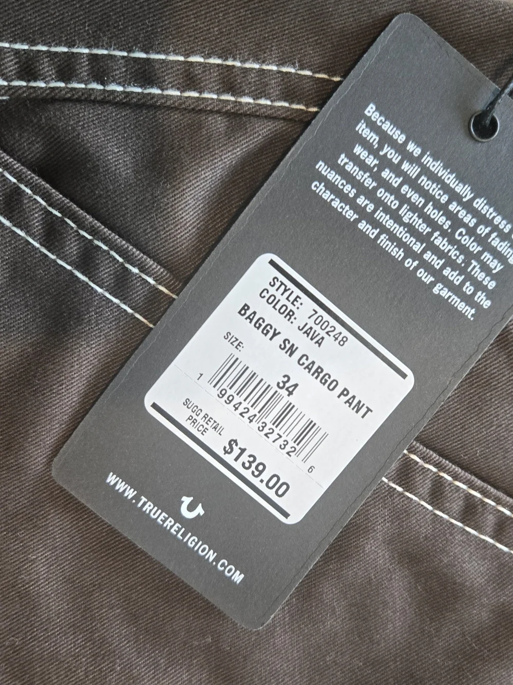 True Religion Mens Baggy SN Cargo Pants 34 Java Brown White Contrast Stitch NWT